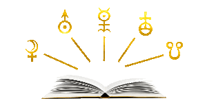 open book radiating alchemical symbols logo
